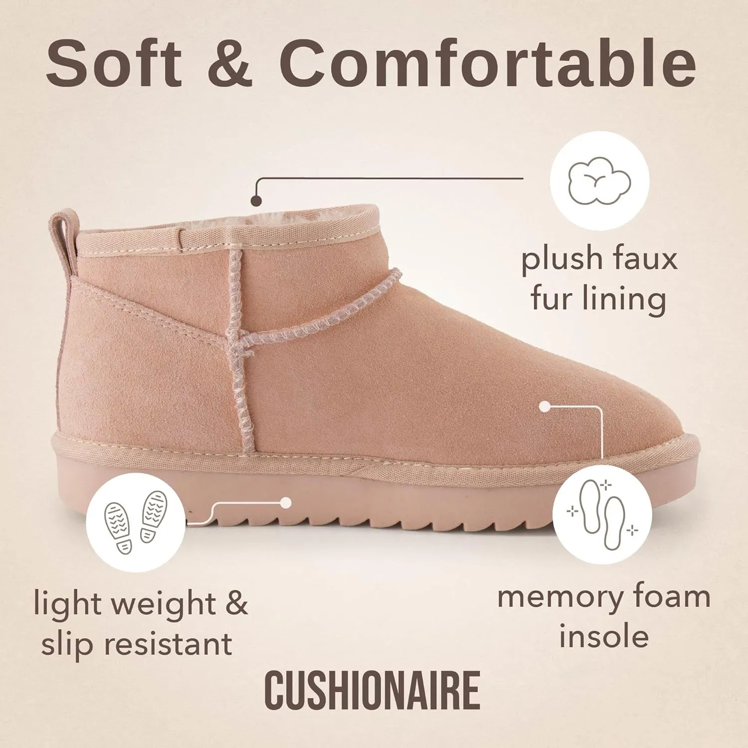 CUSHIONAIRE Women's Hip 2 Genuine Suede Ankle Snow Boots - Pull-On with Cozy Faux Shearling Lining,  Memory Foam