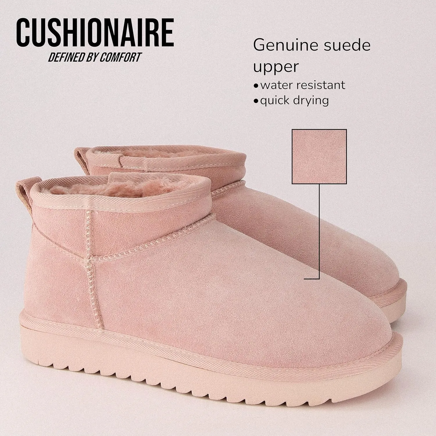 CUSHIONAIRE Women's Hip 2 Genuine Suede Ankle Snow Boots - Pull-On with Cozy Faux Shearling Lining,  Memory Foam