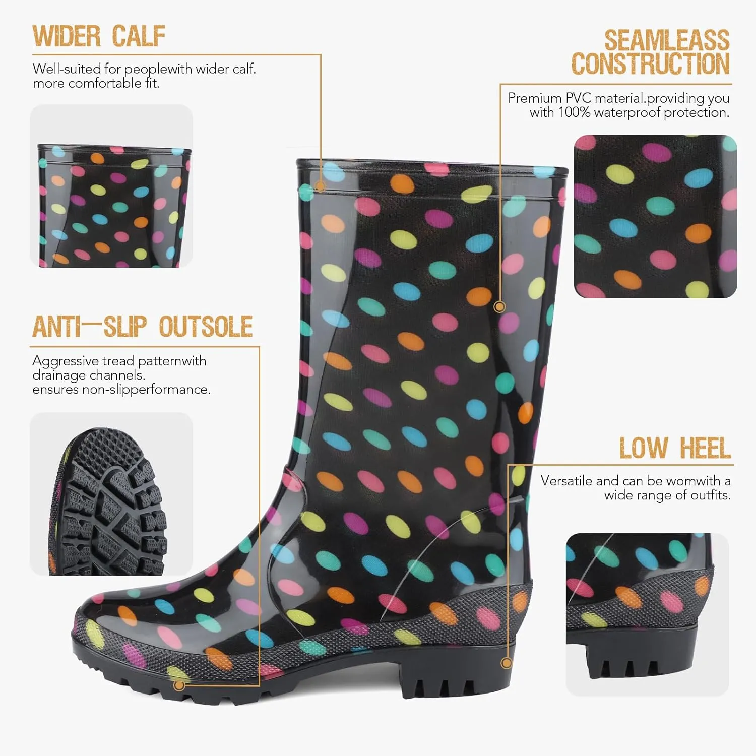 DaeRainy Women's Mid-calf Rain Boots Waterproof Non-slip for Gardens,Fishing,Farm,Outdoor Work Boots