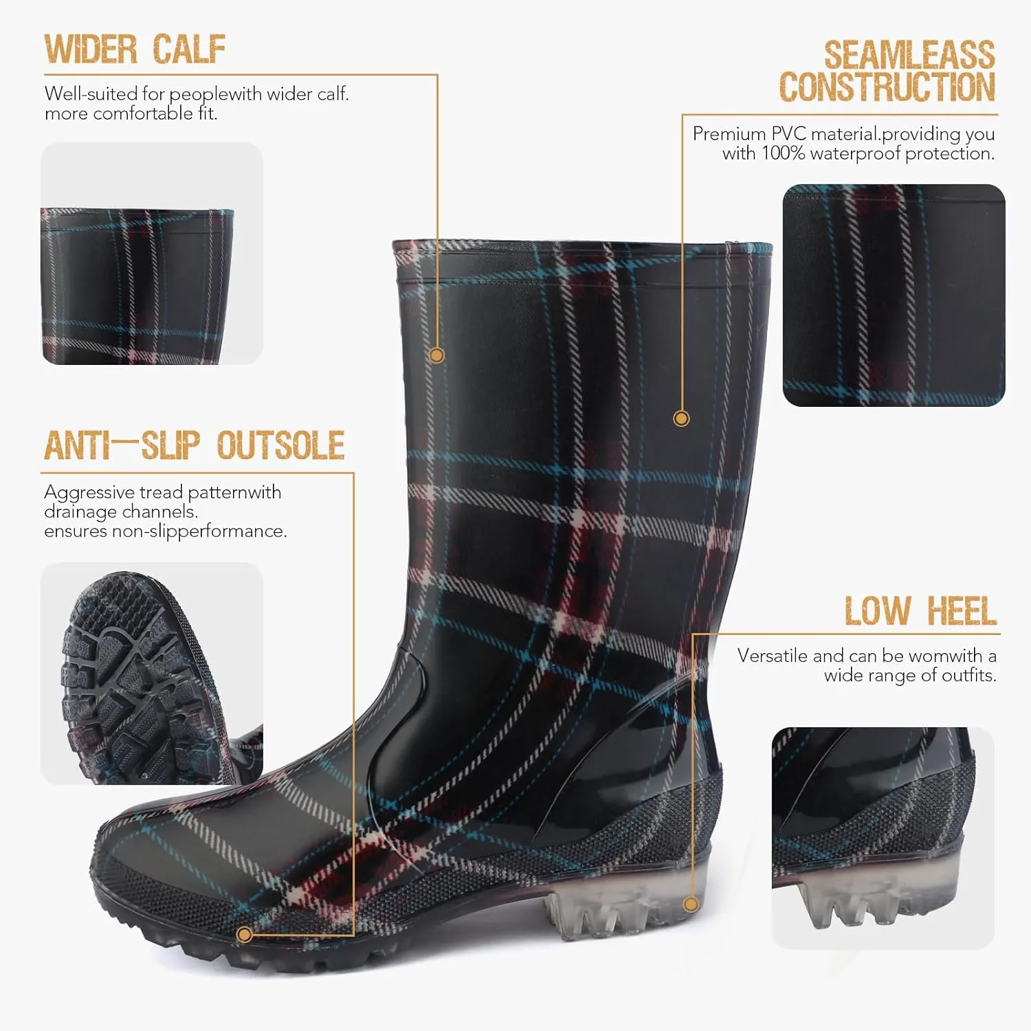 DaeRainy Women's Mid-calf Rain Boots Waterproof Non-slip for Gardens,Fishing,Farm,Outdoor Work Boots