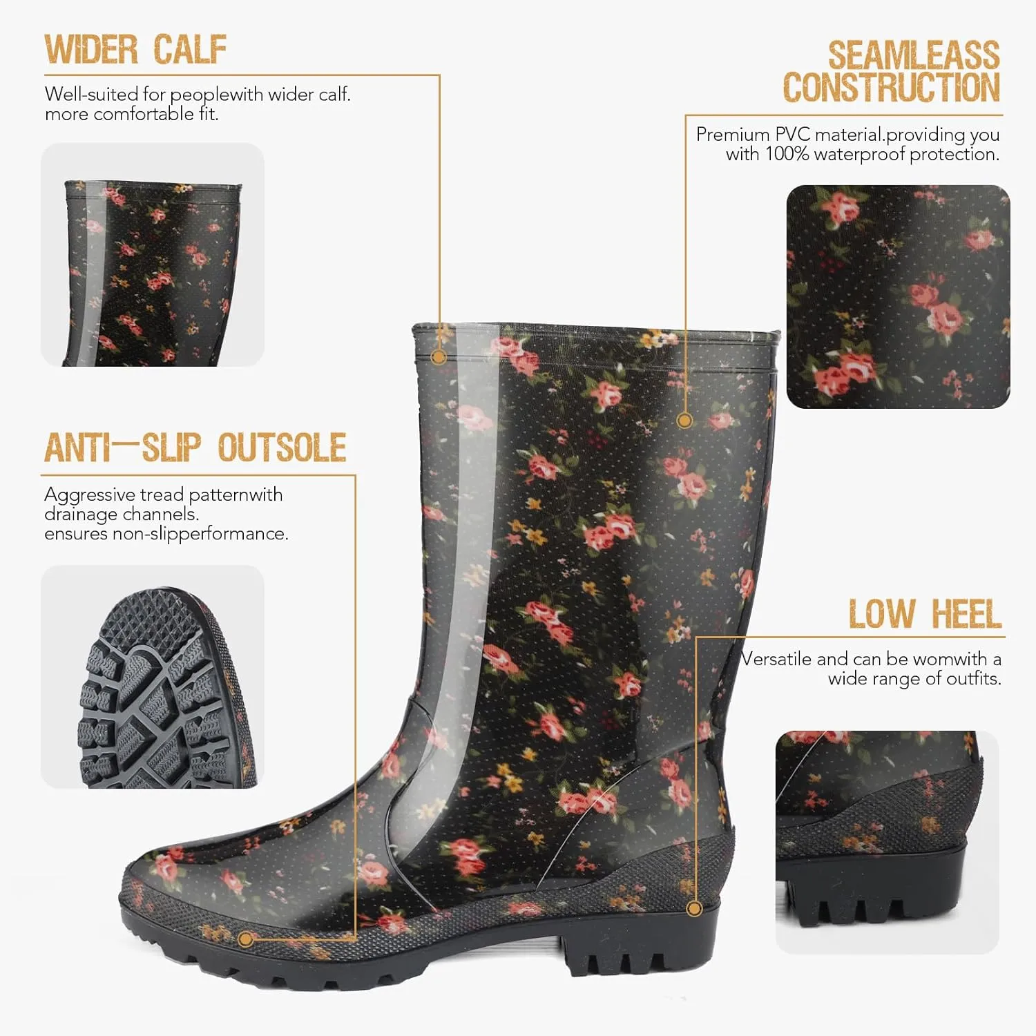 DaeRainy Women's Mid-calf Rain Boots Waterproof Non-slip for Gardens,Fishing,Farm,Outdoor Work Boots