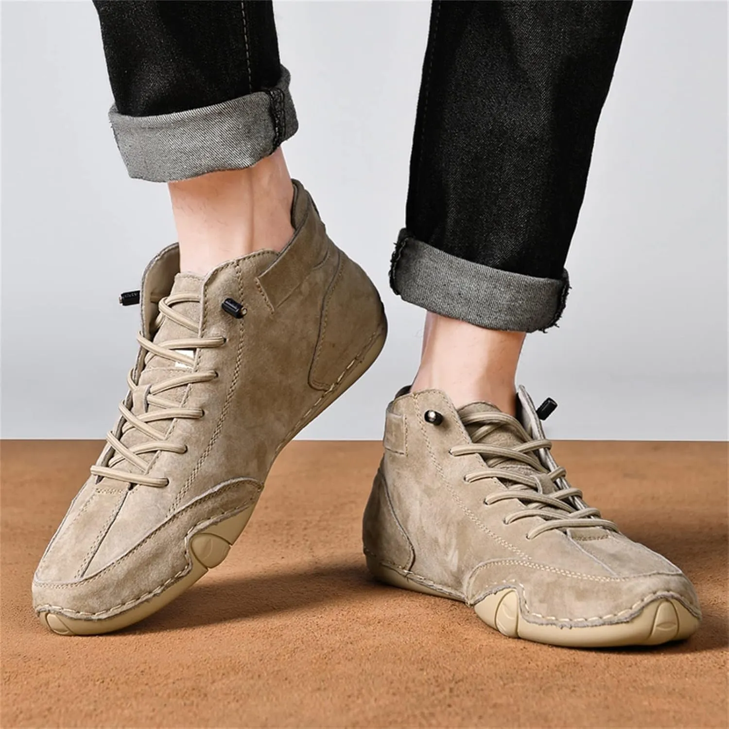 DAGY Men's Chukka Boots Italian Handmade Suede High Boots, Mens Non-Slip Waterproof Shoes, Breathable Hook & Loop Fastener Ankle Boots Chukka