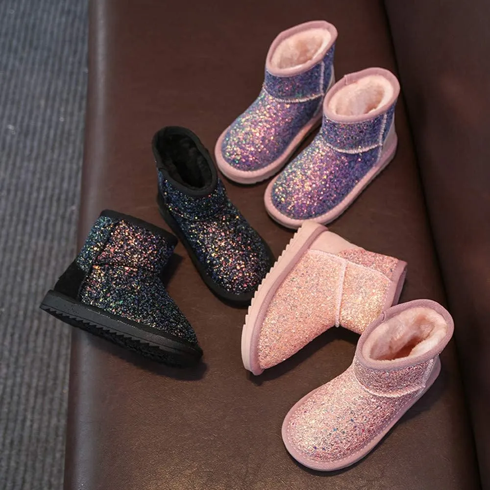 Dayiss Girls Snow Boots Girl's Warm Plush Comfortable Sequin Sparkly Waterproof Outdoor Princess Winter Boots for Girls