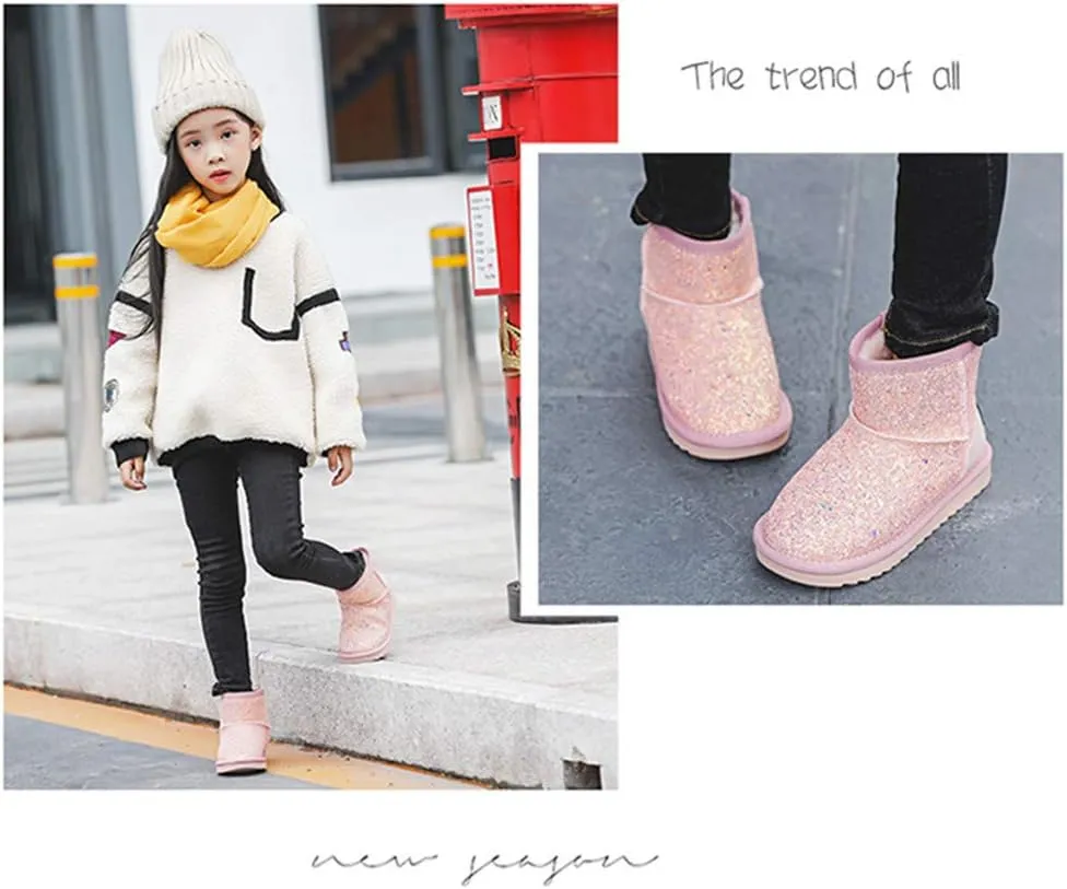 Dayiss Girls Snow Boots Girl's Warm Plush Comfortable Sequin Sparkly Waterproof Outdoor Princess Winter Boots for Girls