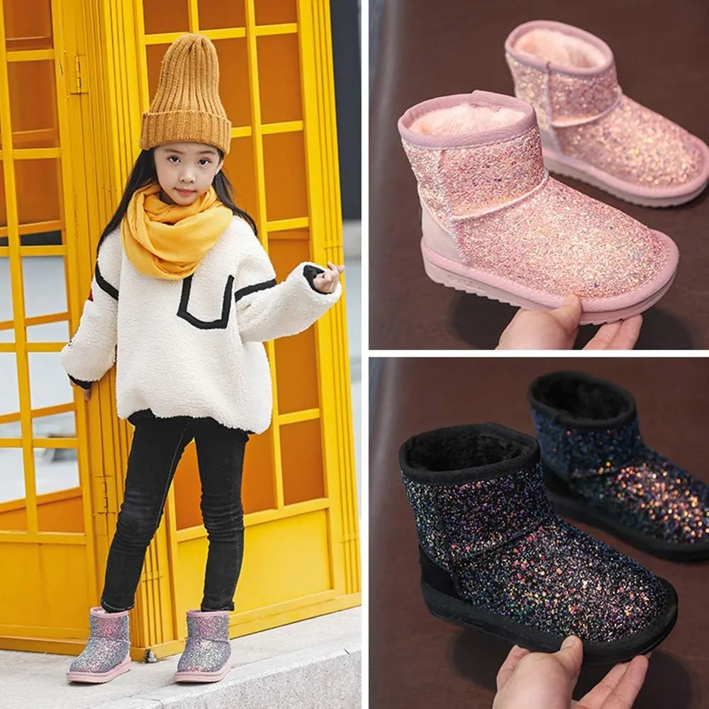 Dayiss Girls Snow Boots Girl's Warm Plush Comfortable Sequin Sparkly Waterproof Outdoor Princess Winter Boots for Girls