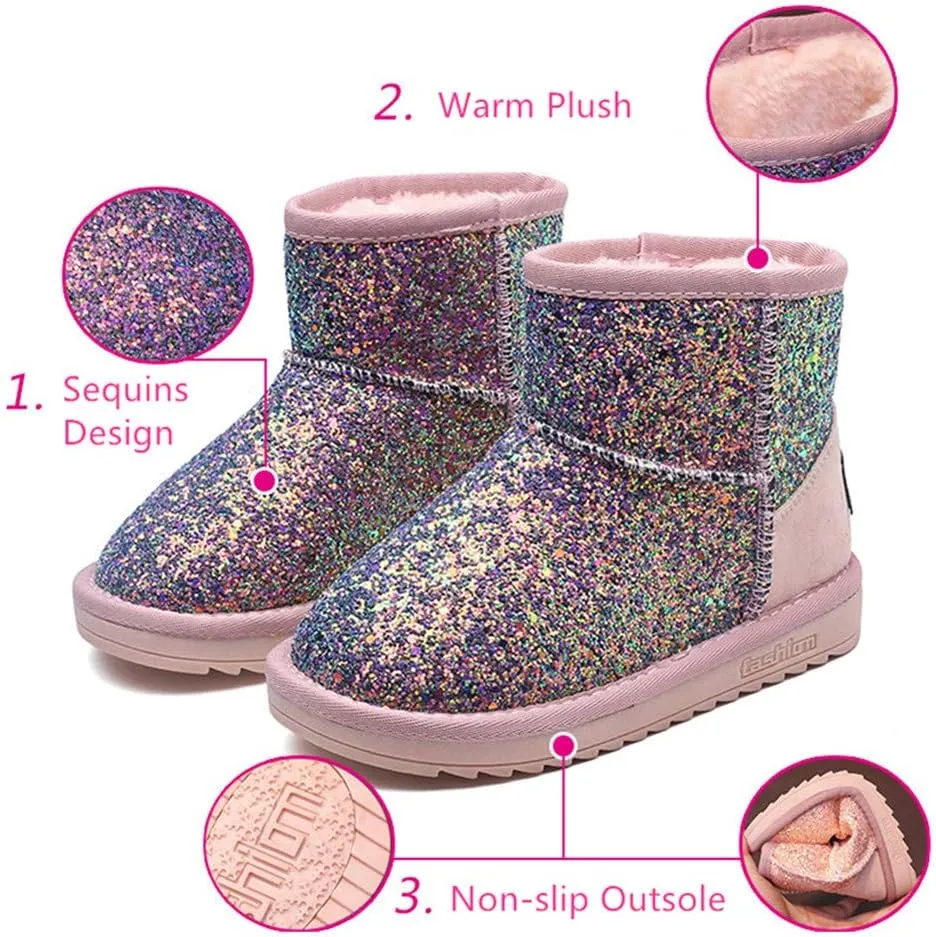 Dayiss Girls Snow Boots Girl's Warm Plush Comfortable Sequin Sparkly Waterproof Outdoor Princess Winter Boots for Girls
