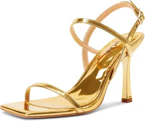 DearOnly Womens Strappy Heels Stiletto High Heeled Sandals Square Open Toe Patent Leather Sandals Wedding Dress Shoes