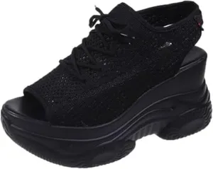 DESESE XHOGNLS Women's Hollow Out Platform Wedge Sandals Non-Slip Breathable Lace-Up Fish Mouth Sneakers Casual Summer Hollow_Out Open Toe Sport Shoes