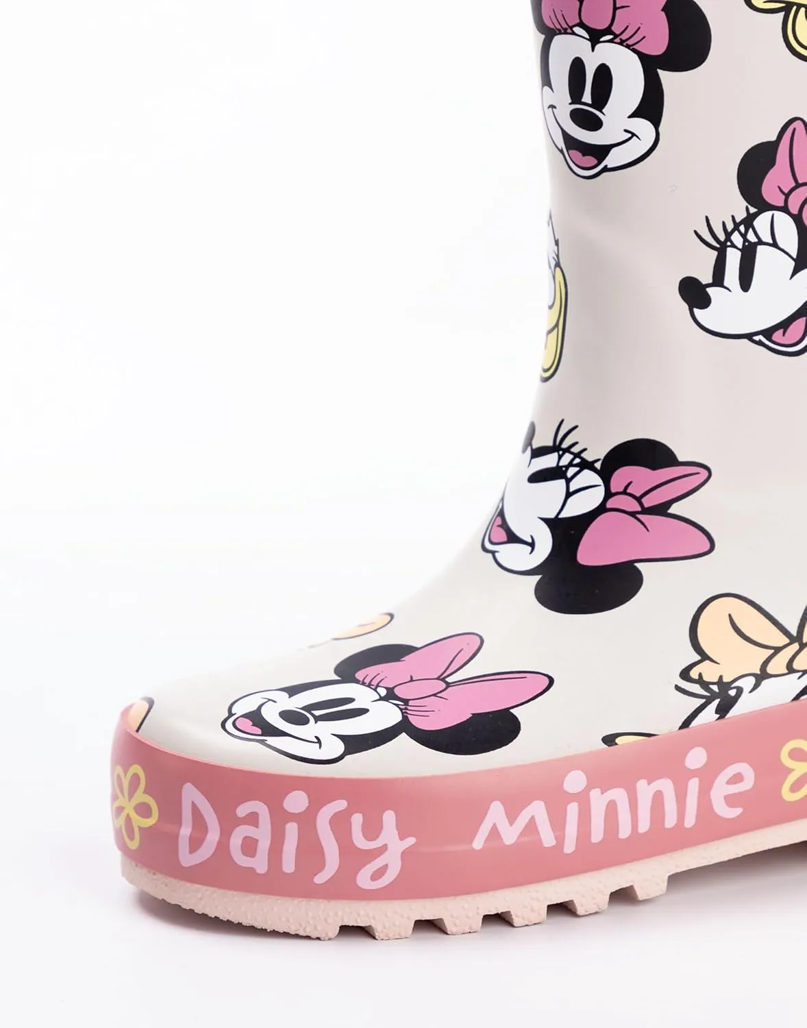 Disney Minnie Mouse Girls Wellington Boots | Kids Handle Wellys Minnie & Daisy Character All Over Print in Beige & Pink