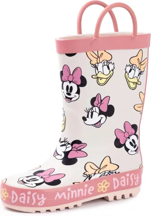 Disney Minnie Mouse Girls Wellington Boots | Kids Handle Wellys Minnie & Daisy Character All Over Print in Beige & Pink
