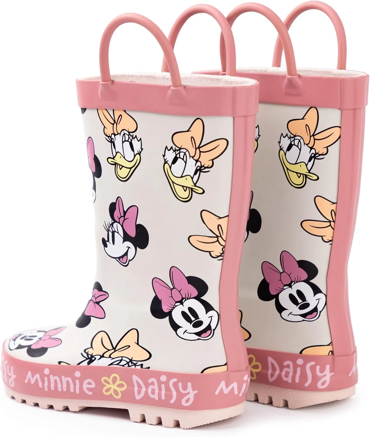 Disney Minnie Mouse Girls Wellington Boots | Kids Handle Wellys Minnie & Daisy Character All Over Print in Beige & Pink