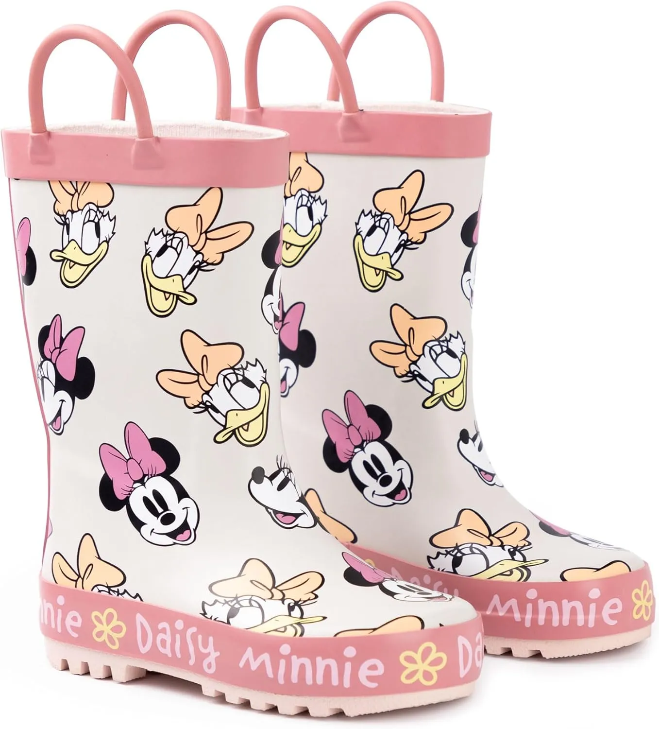 Disney Minnie Mouse Girls Wellington Boots | Kids Handle Wellys Minnie & Daisy Character All Over Print in Beige & Pink