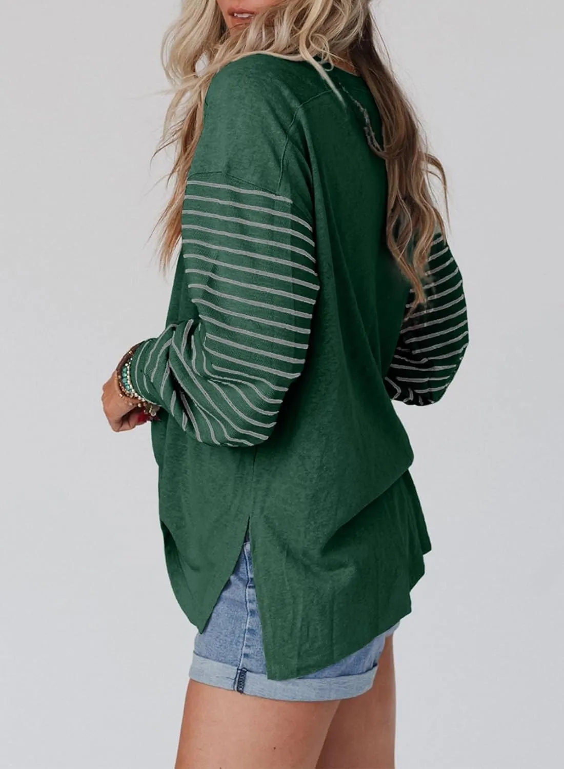 Dokotoo Long Sleeve Spring Tops Oversized 2025 Trendy Round Crew Neck Casual Color Block Womens Shirts Blouses