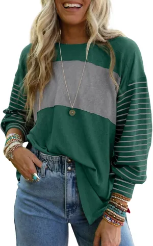Dokotoo Long Sleeve Spring Tops Oversized 2025 Trendy Round Crew Neck Casual Color Block Womens Shirts Blouses