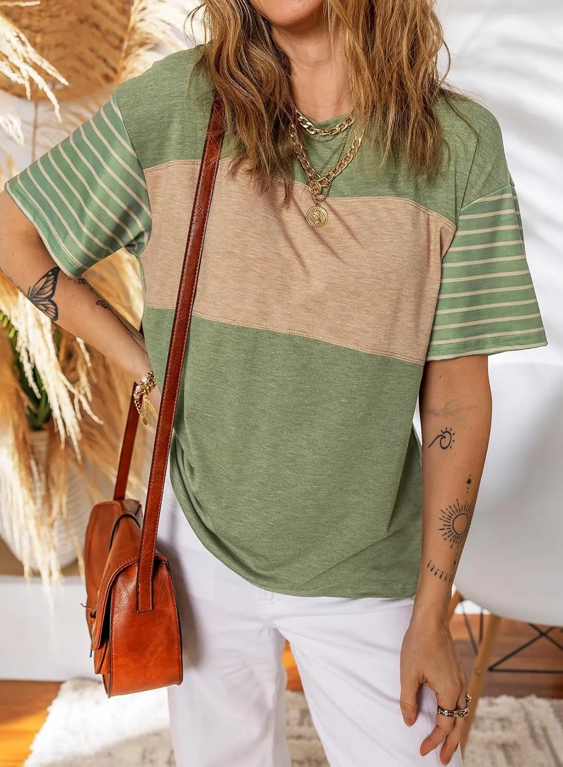 Dokotoo Summer Tops Trendy Oversized 2025 Crewneck Casual Color Block Striped Womens Shirts Blouses