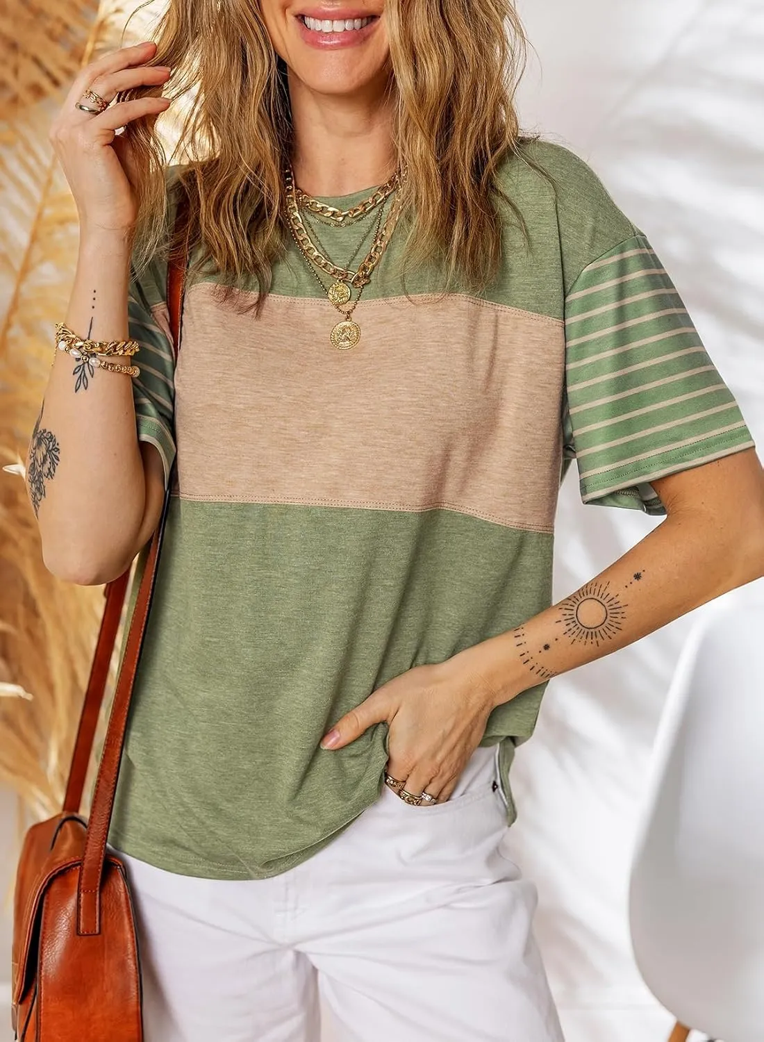 Dokotoo Summer Tops Trendy Oversized 2025 Crewneck Casual Color Block Striped Womens Shirts Blouses