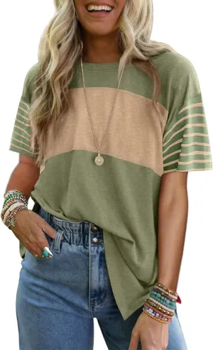 Dokotoo Summer Tops Trendy Oversized 2025 Crewneck Casual Color Block Striped Womens Shirts Blouses