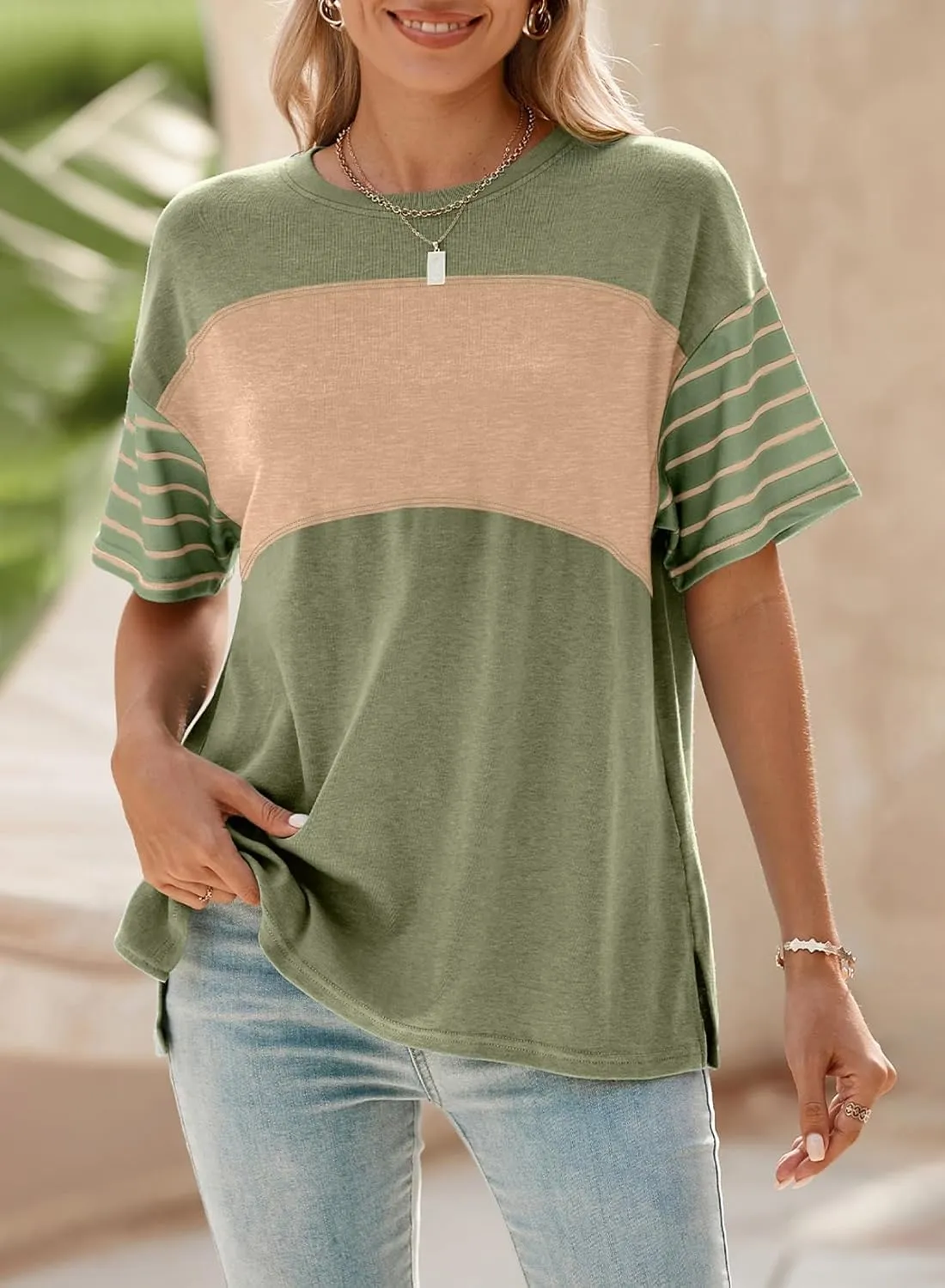 Dokotoo Summer Tops Trendy Oversized 2025 Crewneck Casual Color Block Striped Womens Shirts Blouses