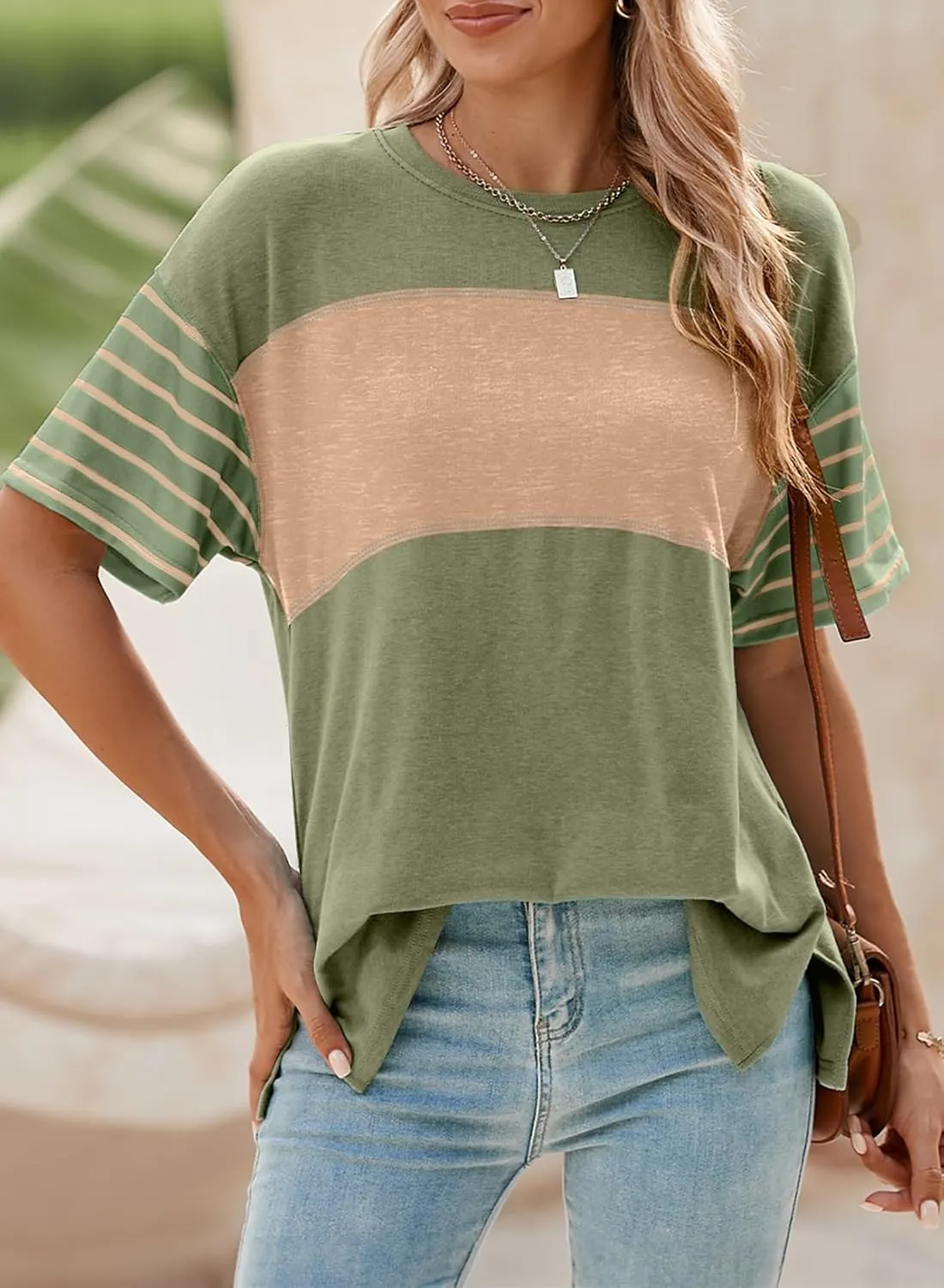 Dokotoo Summer Tops Trendy Oversized 2025 Crewneck Casual Color Block Striped Womens Shirts Blouses