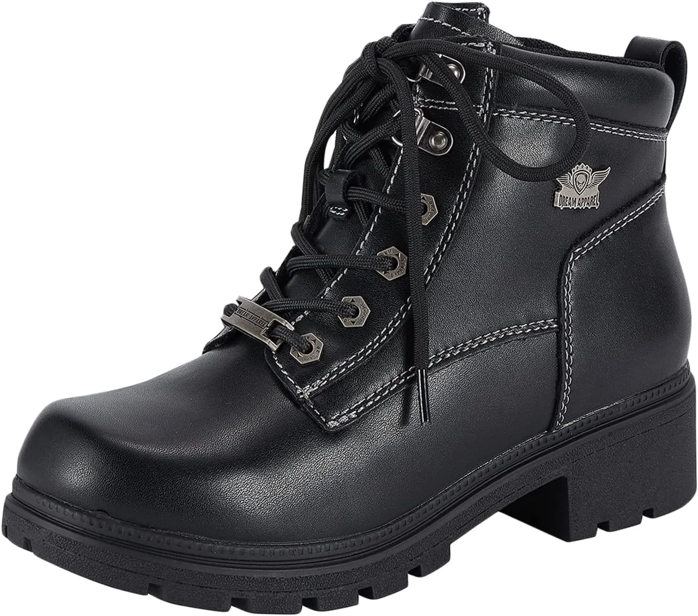 Dream Apparel Womens Lace Up Motorcycle Riding Boots with Side Zipper, Black Faux Leather Ankle Booties Biker Boots, Military Combat Booties for Ladies with Low Heel