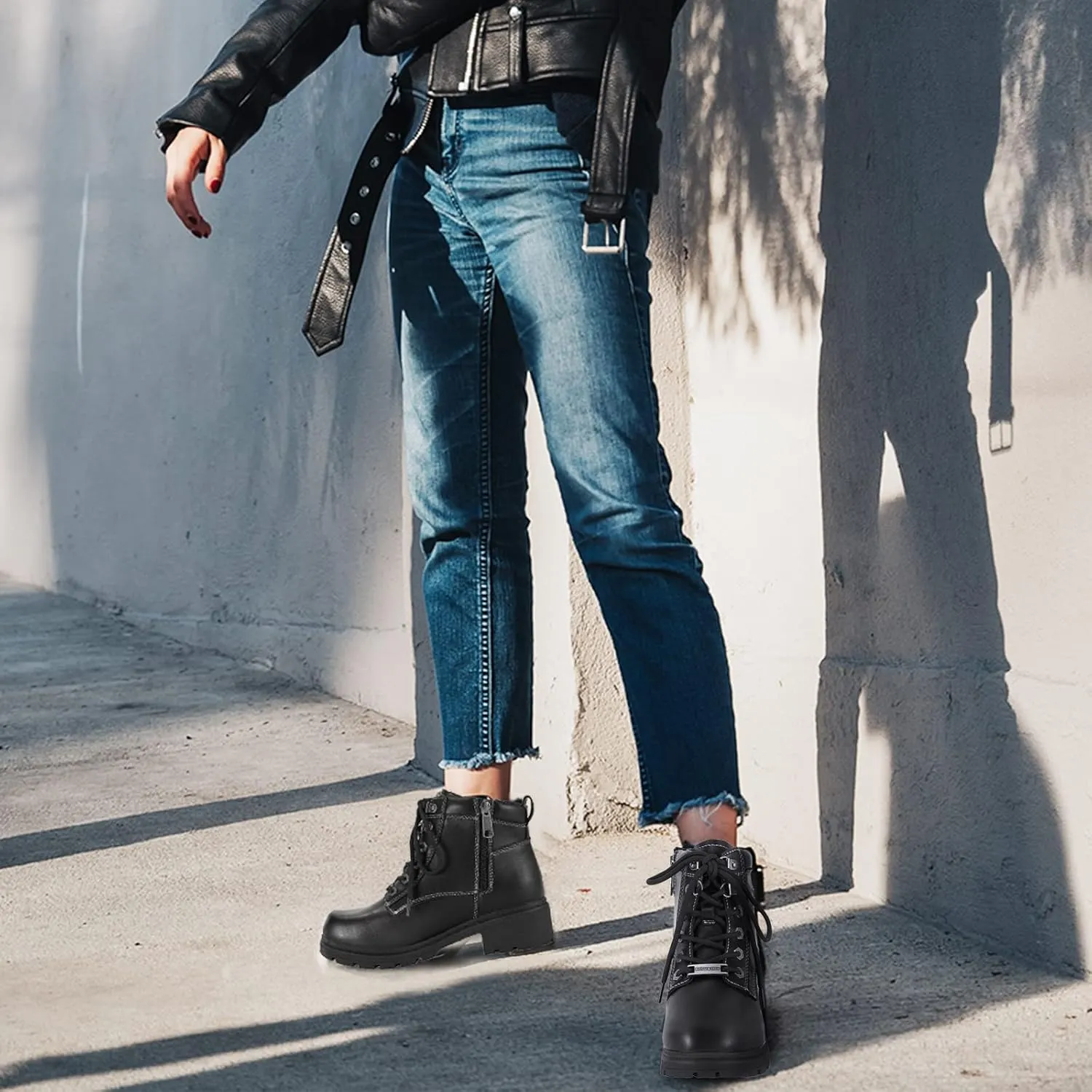 Dream Apparel Womens Lace Up Motorcycle Riding Boots with Side Zipper, Black Faux Leather Ankle Booties Biker Boots, Military Combat Booties for Ladies with Low Heel