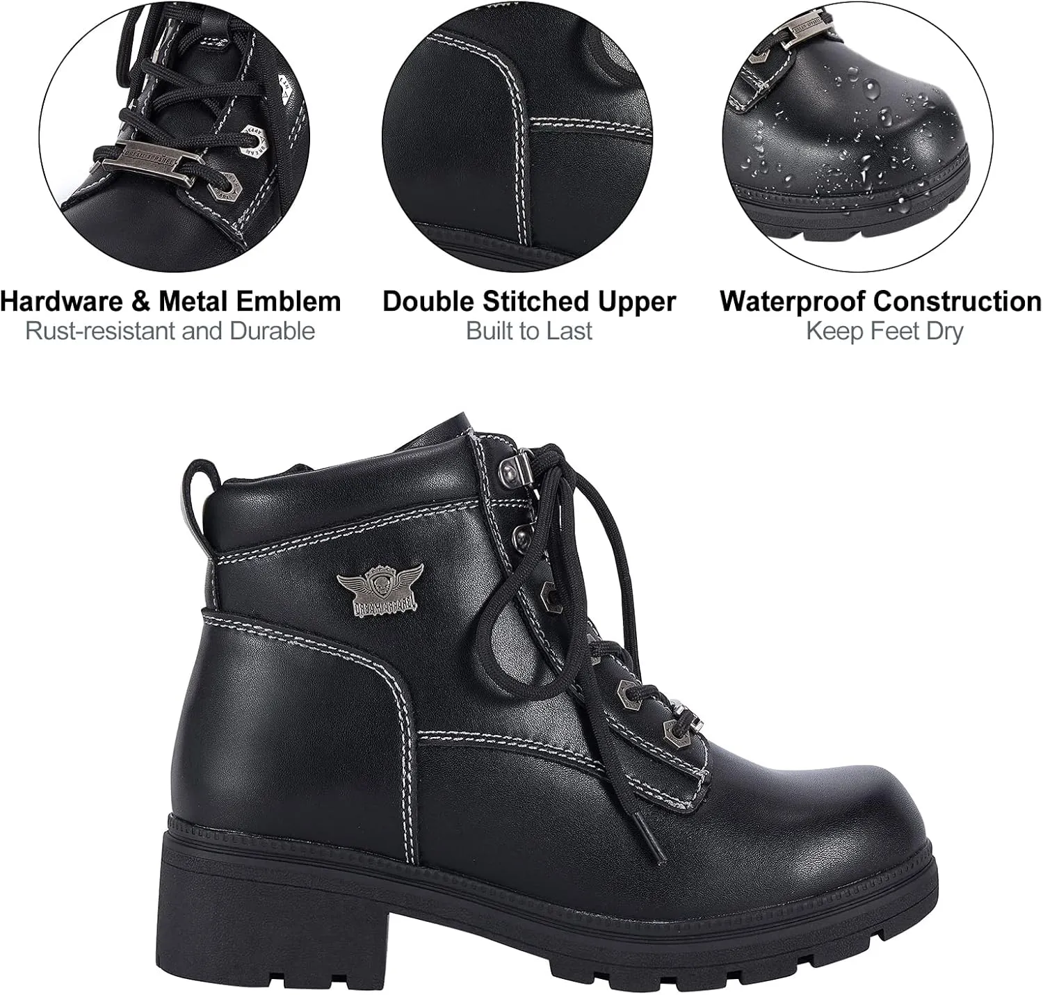 Dream Apparel Womens Lace Up Motorcycle Riding Boots with Side Zipper, Black Faux Leather Ankle Booties Biker Boots, Military Combat Booties for Ladies with Low Heel