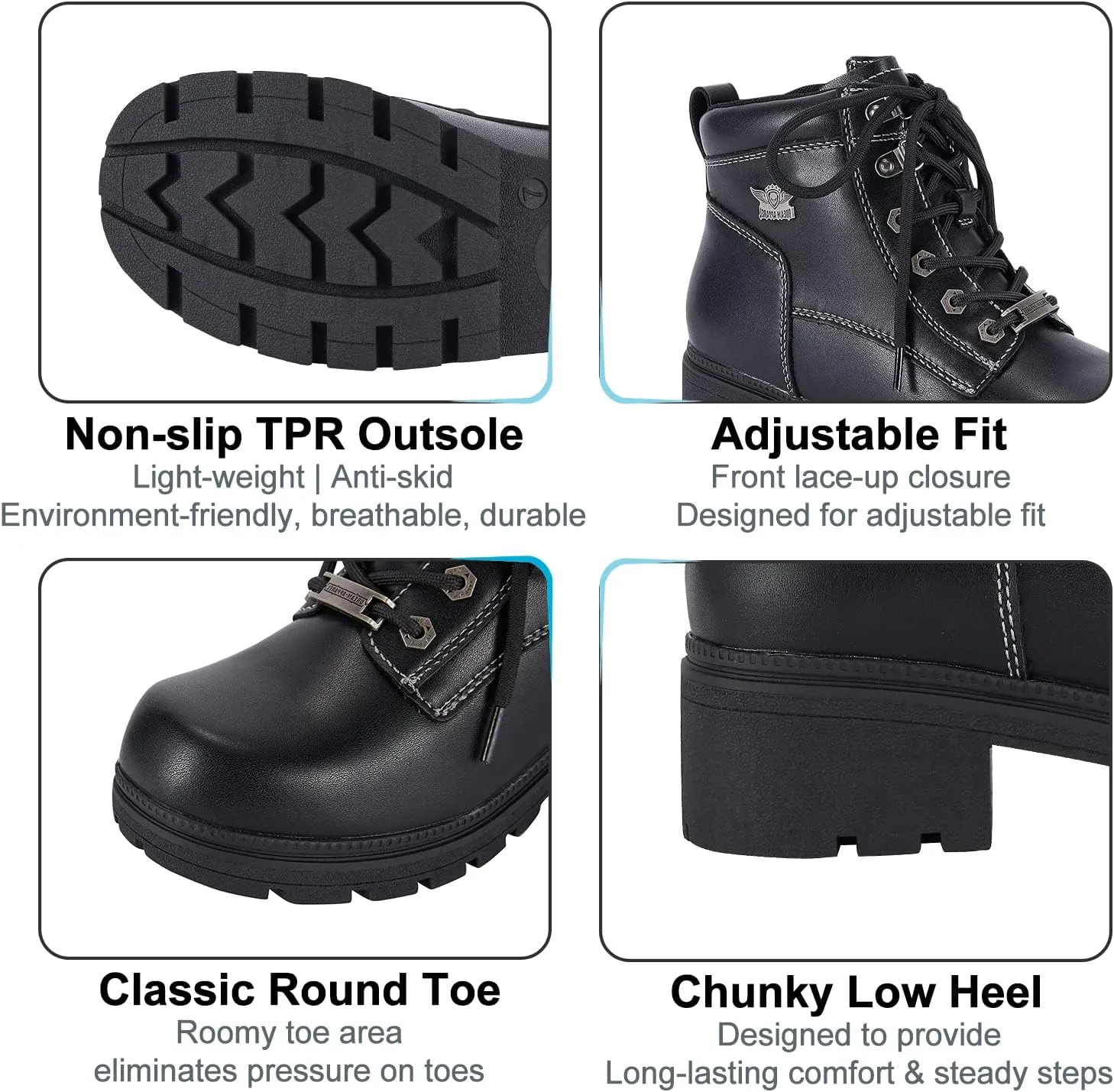 Dream Apparel Womens Lace Up Motorcycle Riding Boots with Side Zipper, Black Faux Leather Ankle Booties Biker Boots, Military Combat Booties for Ladies with Low Heel
