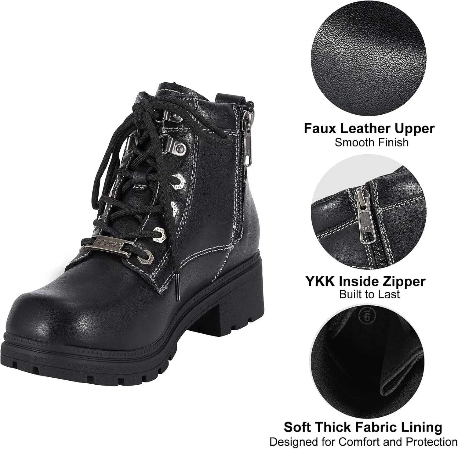 Dream Apparel Womens Lace Up Motorcycle Riding Boots with Side Zipper, Black Faux Leather Ankle Booties Biker Boots, Military Combat Booties for Ladies with Low Heel