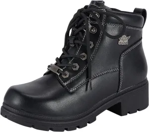 Dream Apparel Womens Lace Up Motorcycle Riding Boots with Side Zipper, Black Faux Leather Ankle Booties Biker Boots, Military Combat Booties for Ladies with Low Heel