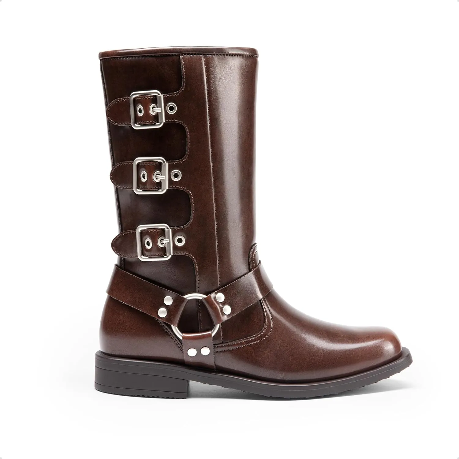 DREAM PAIRS Girls Boots Square Toe Knee High Motorcycle Booties with Buckles Riding Biker Boots Little Kid/Big Kid