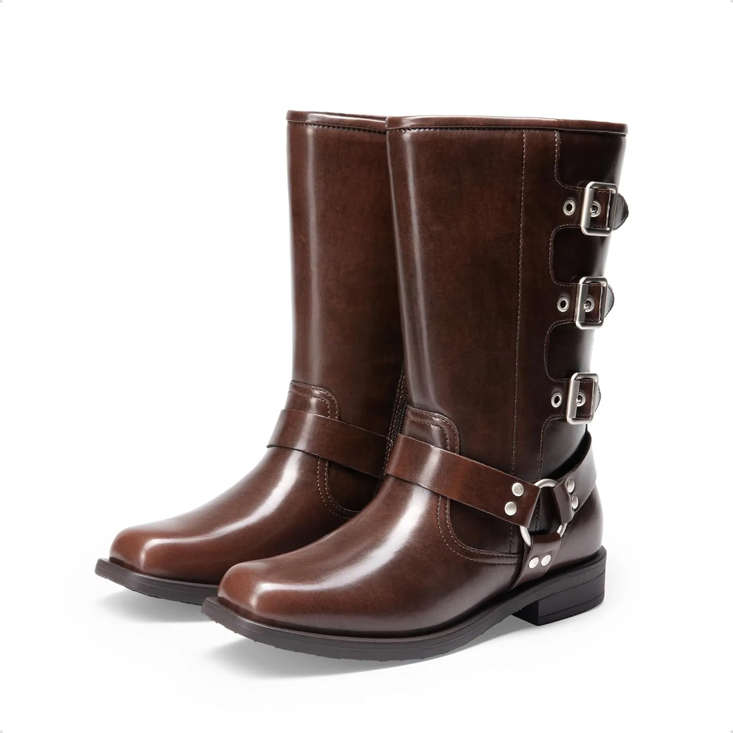 DREAM PAIRS Girls Boots Square Toe Knee High Motorcycle Booties with Buckles Riding Biker Boots Little Kid/Big Kid