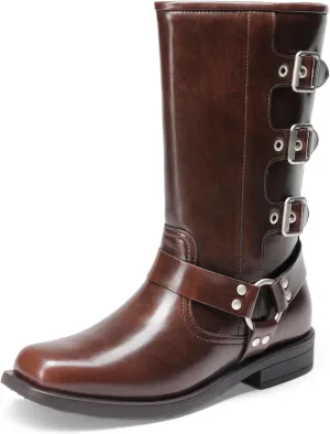 DREAM PAIRS Girls Boots Square Toe Knee High Motorcycle Booties with Buckles Riding Biker Boots Little Kid/Big Kid