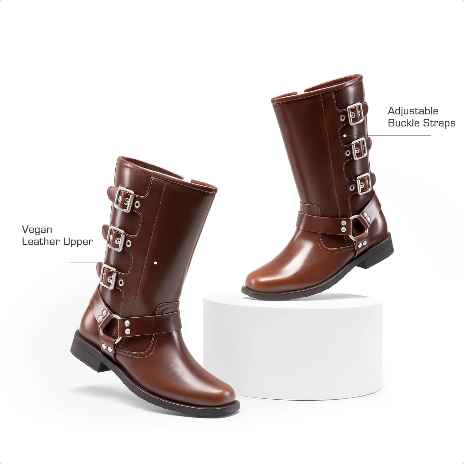 DREAM PAIRS Girls Boots Square Toe Knee High Motorcycle Booties with Buckles Riding Biker Boots Little Kid/Big Kid