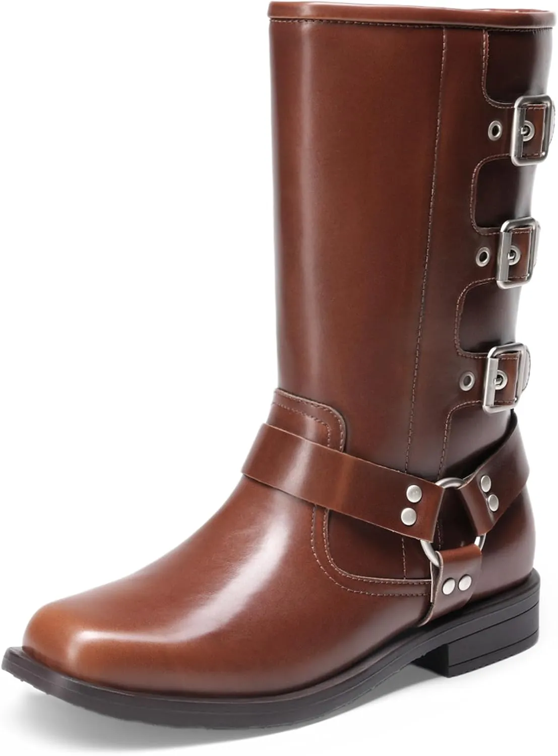 DREAM PAIRS Girls Boots Square Toe Knee High Motorcycle Booties with Buckles Riding Biker Boots Little Kid/Big Kid