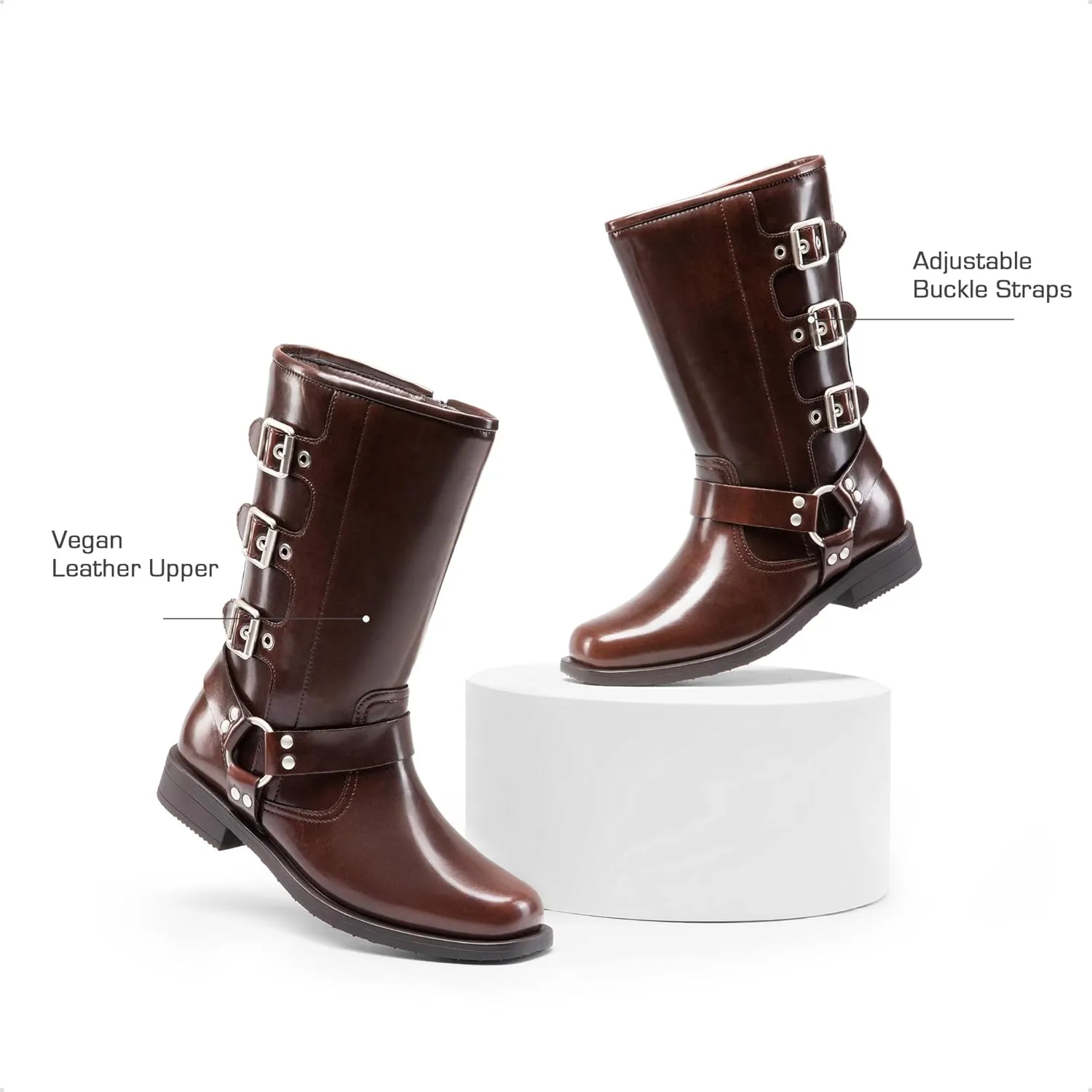 DREAM PAIRS Girls Boots Square Toe Knee High Motorcycle Booties with Buckles Riding Biker Boots Little Kid/Big Kid
