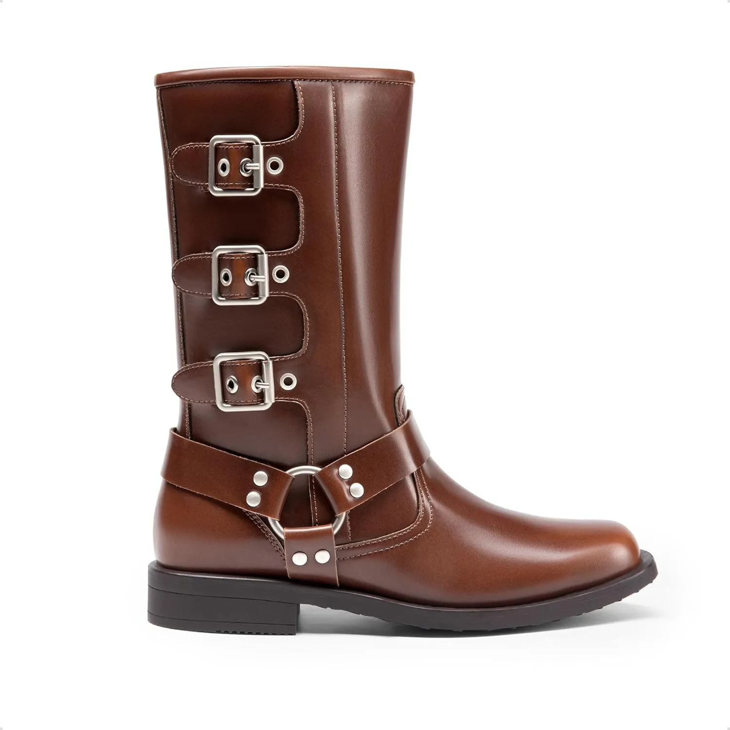DREAM PAIRS Girls Boots Square Toe Knee High Motorcycle Booties with Buckles Riding Biker Boots Little Kid/Big Kid