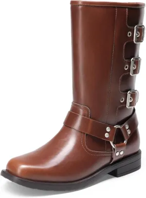DREAM PAIRS Girls Boots Square Toe Knee High Motorcycle Booties with Buckles Riding Biker Boots Little Kid/Big Kid
