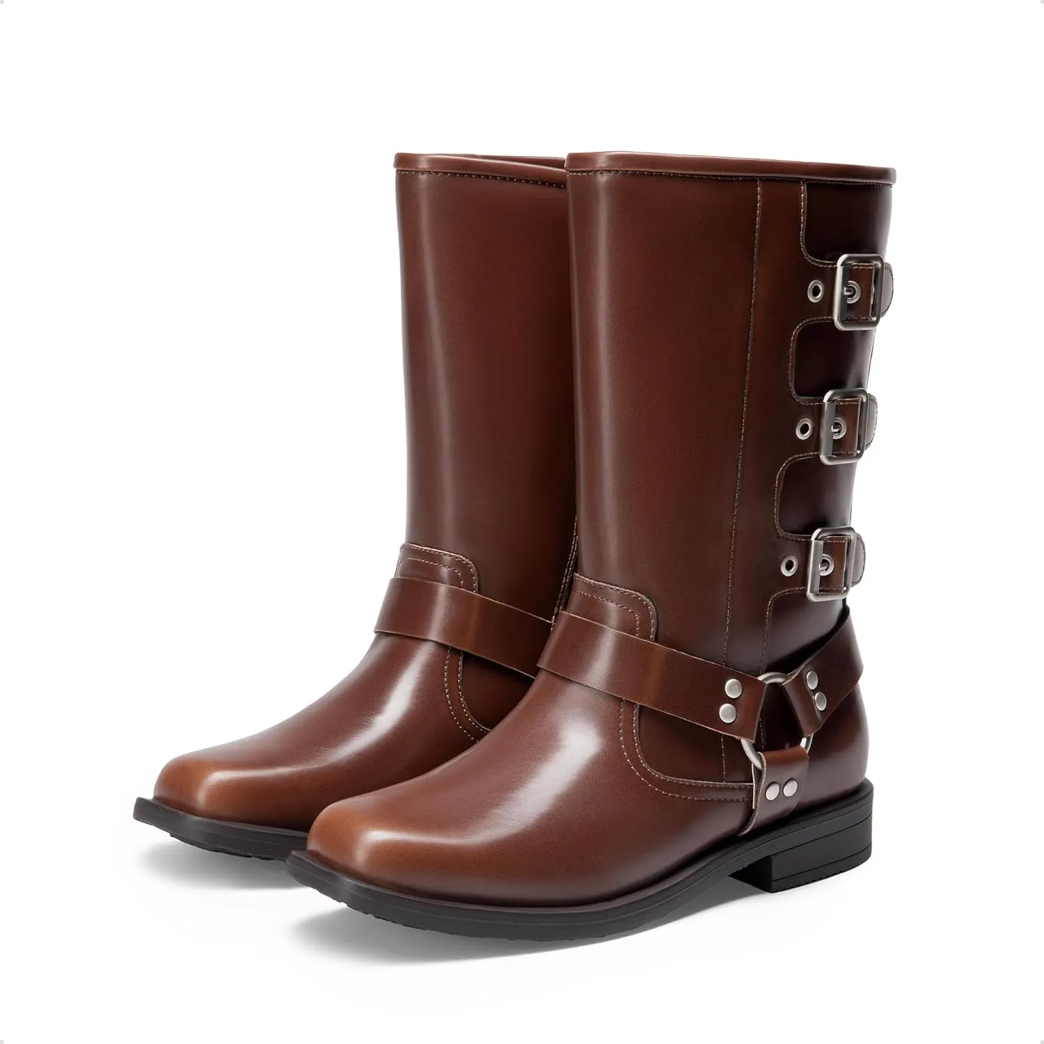 DREAM PAIRS Girls Boots Square Toe Knee High Motorcycle Booties with Buckles Riding Biker Boots Little Kid/Big Kid