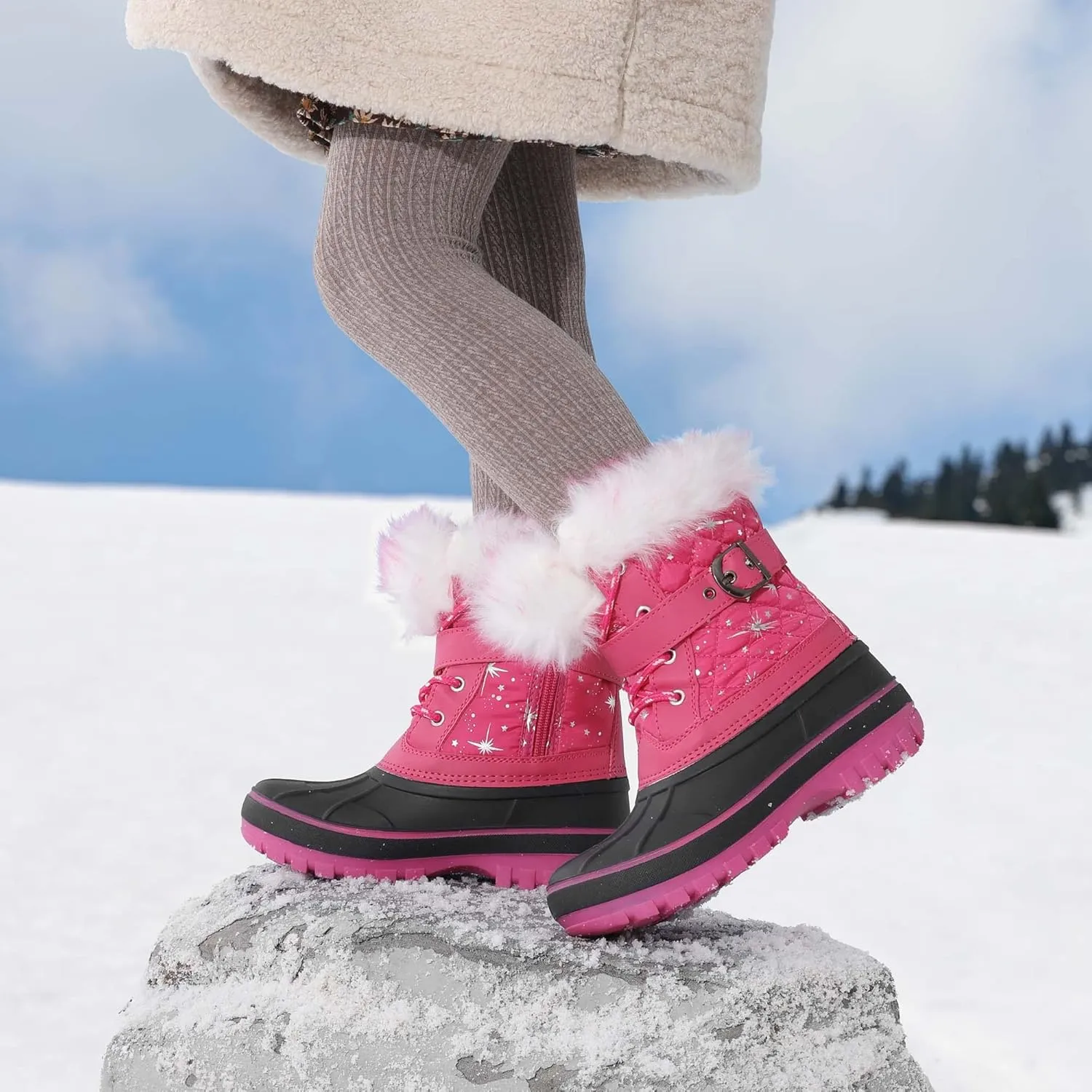 DREAM PAIRS Girls Boys Snow Boots Water-Resistant Outdoor Warm Cozy Anti-Slip Mid Calf Faux Fur Lining Winter Shoes for Little/Big Kids