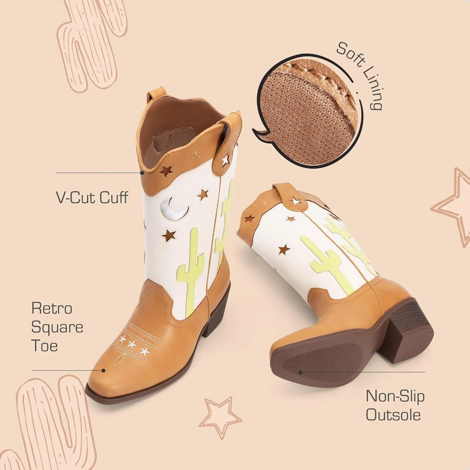 DREAM PAIRS Girls Cowboy Boots Cowgirl Mid Calf Western Boots with Low Heel Square Toe for Little Kid/Big Kid