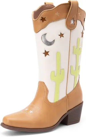 DREAM PAIRS Girls Cowboy Boots Cowgirl Mid Calf Western Boots with Low Heel Square Toe for Little Kid/Big Kid