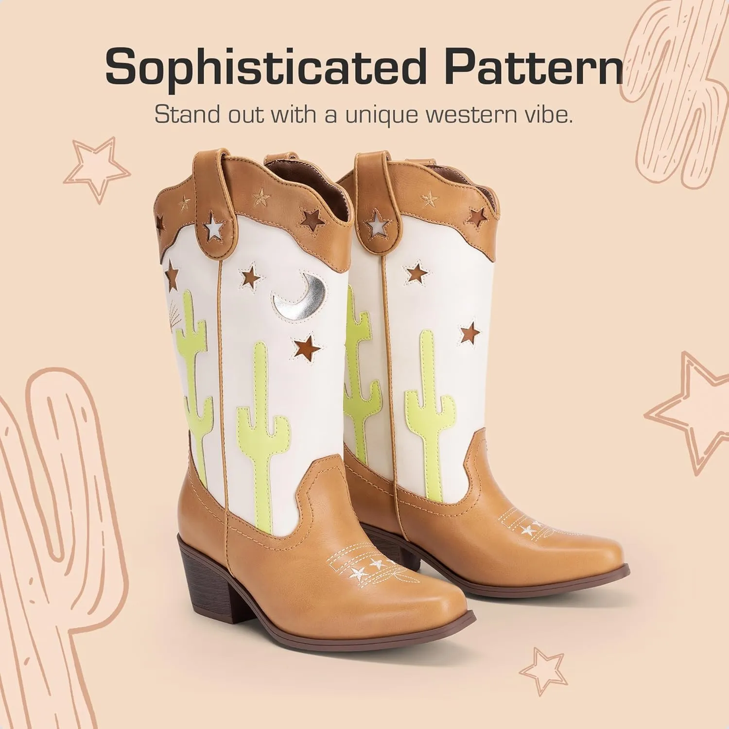 DREAM PAIRS Girls Cowboy Boots Cowgirl Mid Calf Western Boots with Low Heel Square Toe for Little Kid/Big Kid