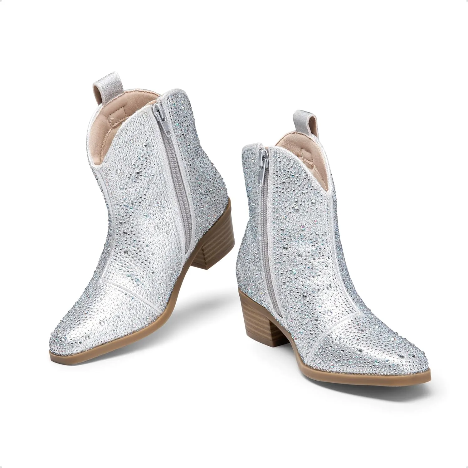 DREAM PAIRS Girls Cowgirl Cowboy Rhinestone Boots Ankle Low Heel Dress Booties