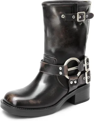 DREAM PAIRS Mid Calf Boots for Women, Square Toe Motorcycle Boots with Buckles, Women's Riding Biker Boots with Low Chunky Heel