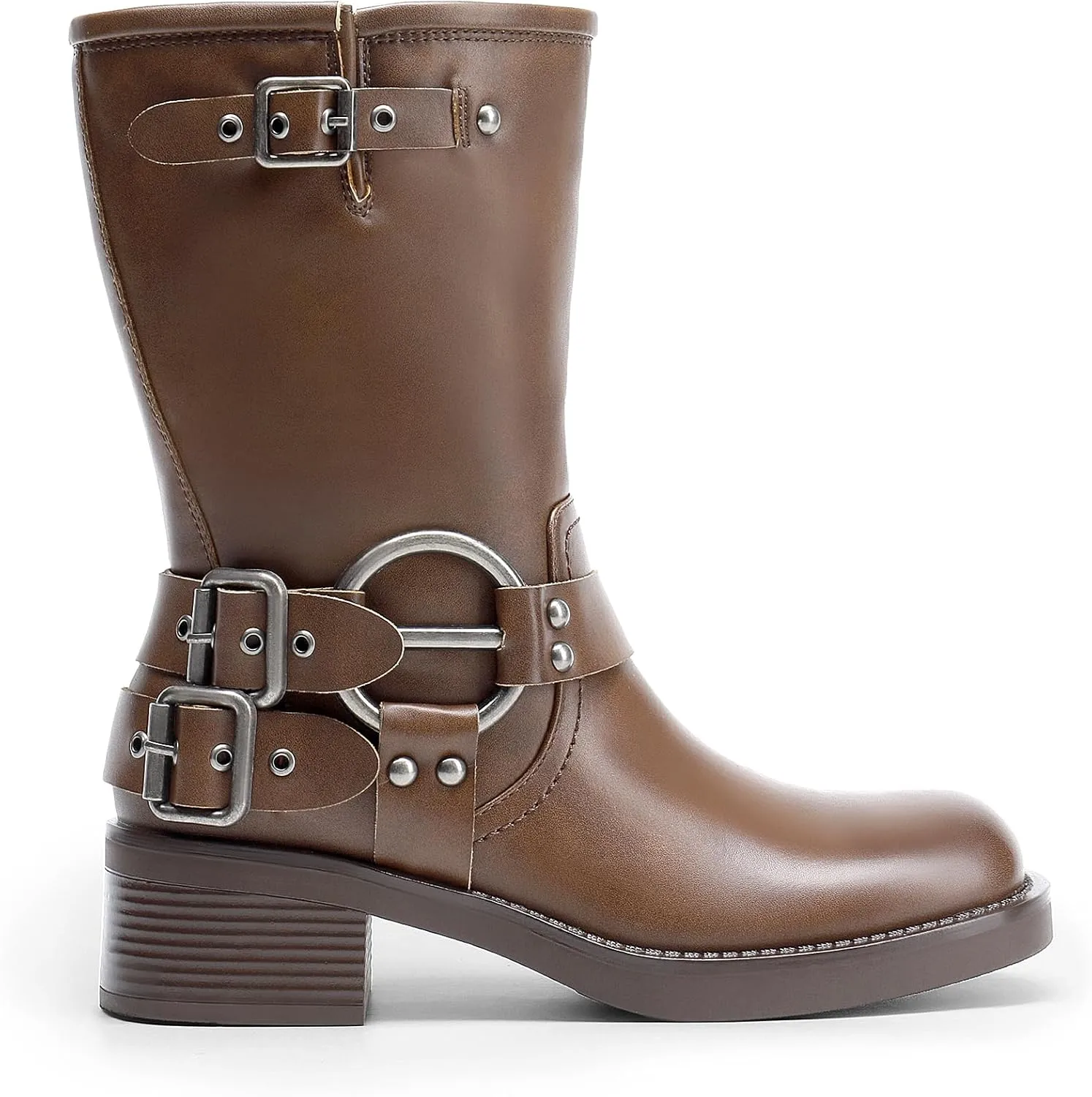 DREAM PAIRS Mid Calf Boots for Women, Square Toe Motorcycle Boots with Buckles, Women's Riding Biker Boots with Low Chunky Heel