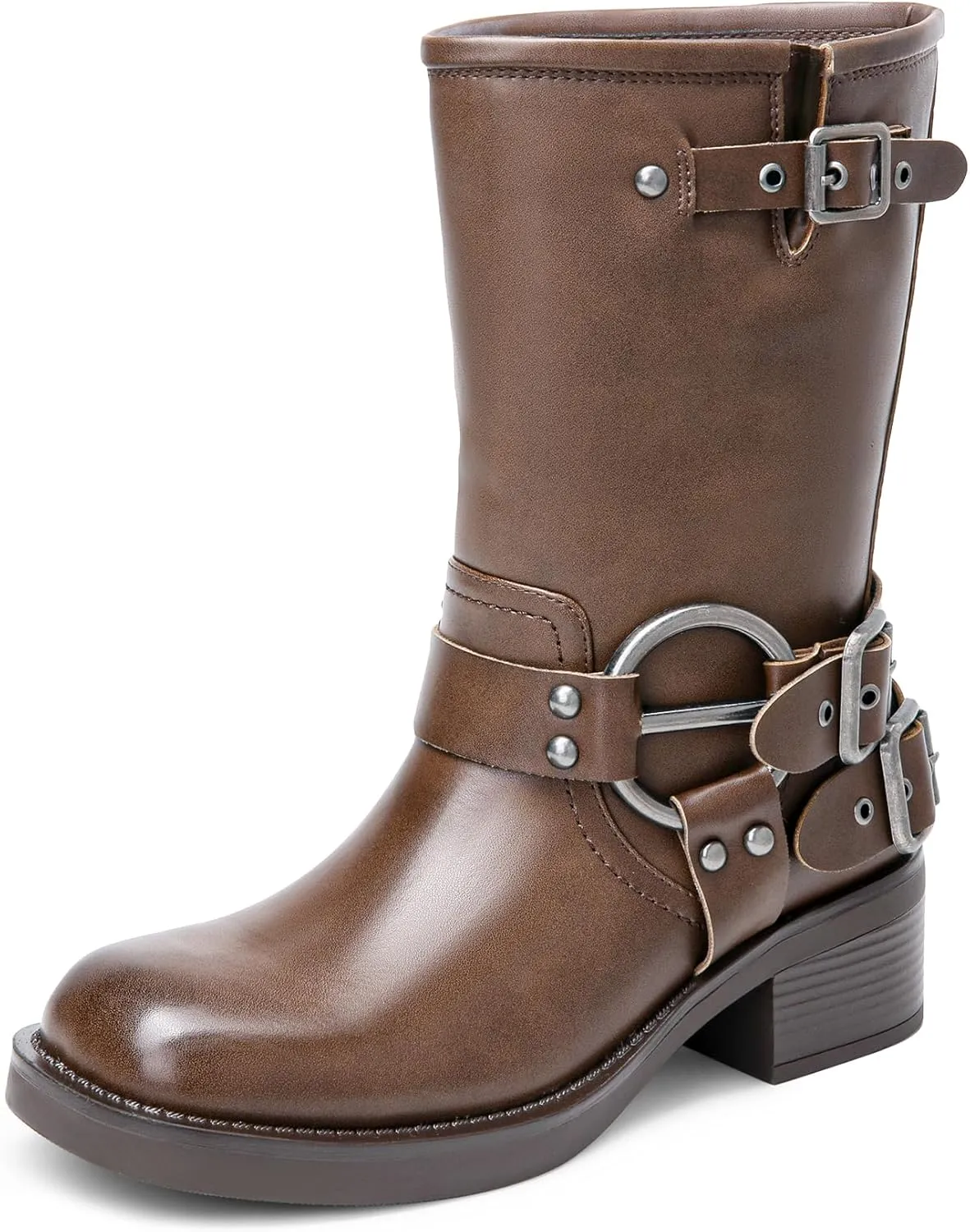DREAM PAIRS Mid Calf Boots for Women, Square Toe Motorcycle Boots with Buckles, Women's Riding Biker Boots with Low Chunky Heel