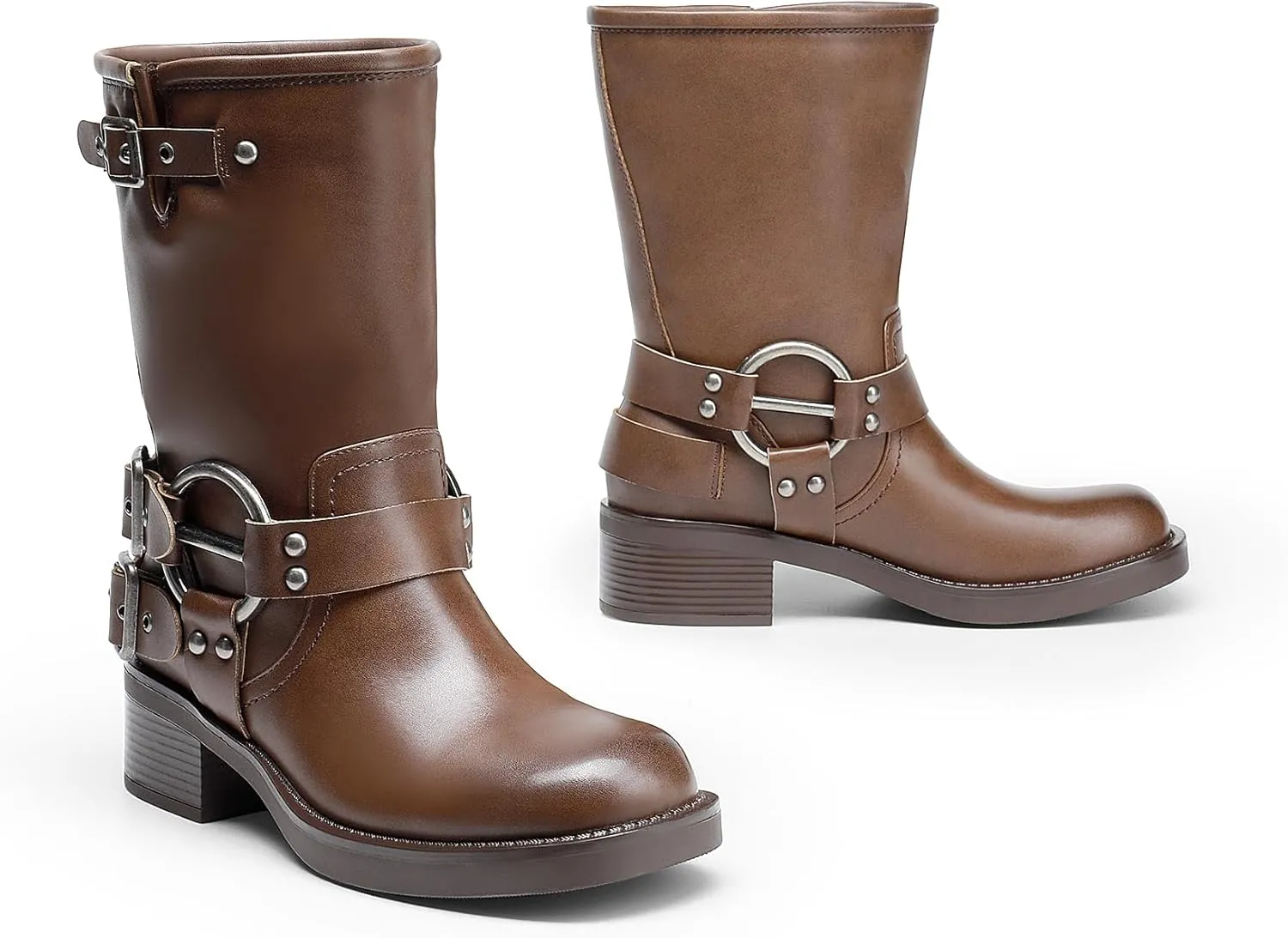DREAM PAIRS Mid Calf Boots for Women, Square Toe Motorcycle Boots with Buckles, Women's Riding Biker Boots with Low Chunky Heel