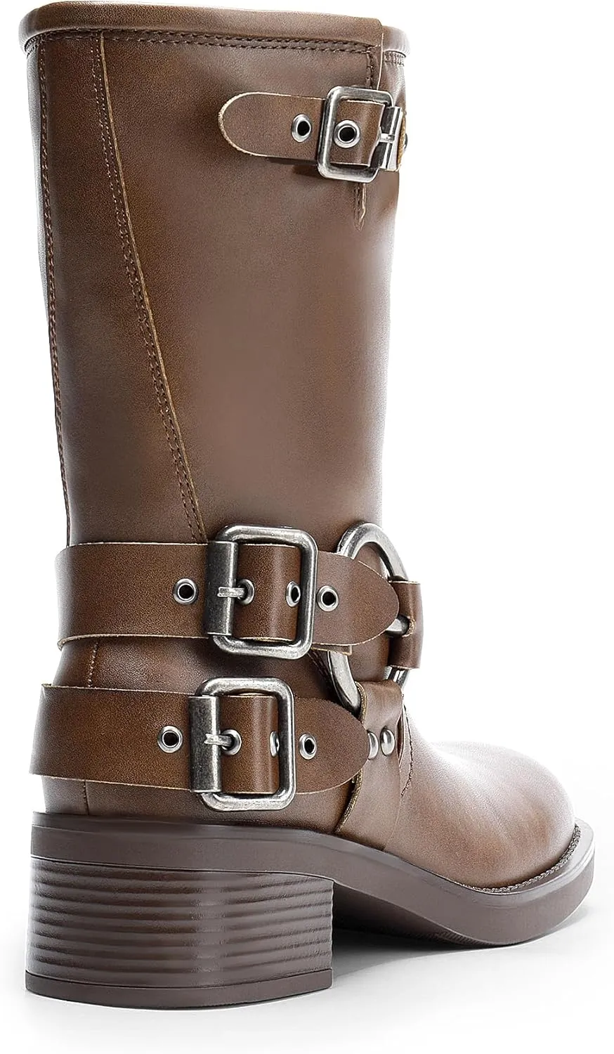 DREAM PAIRS Mid Calf Boots for Women, Square Toe Motorcycle Boots with Buckles, Women's Riding Biker Boots with Low Chunky Heel