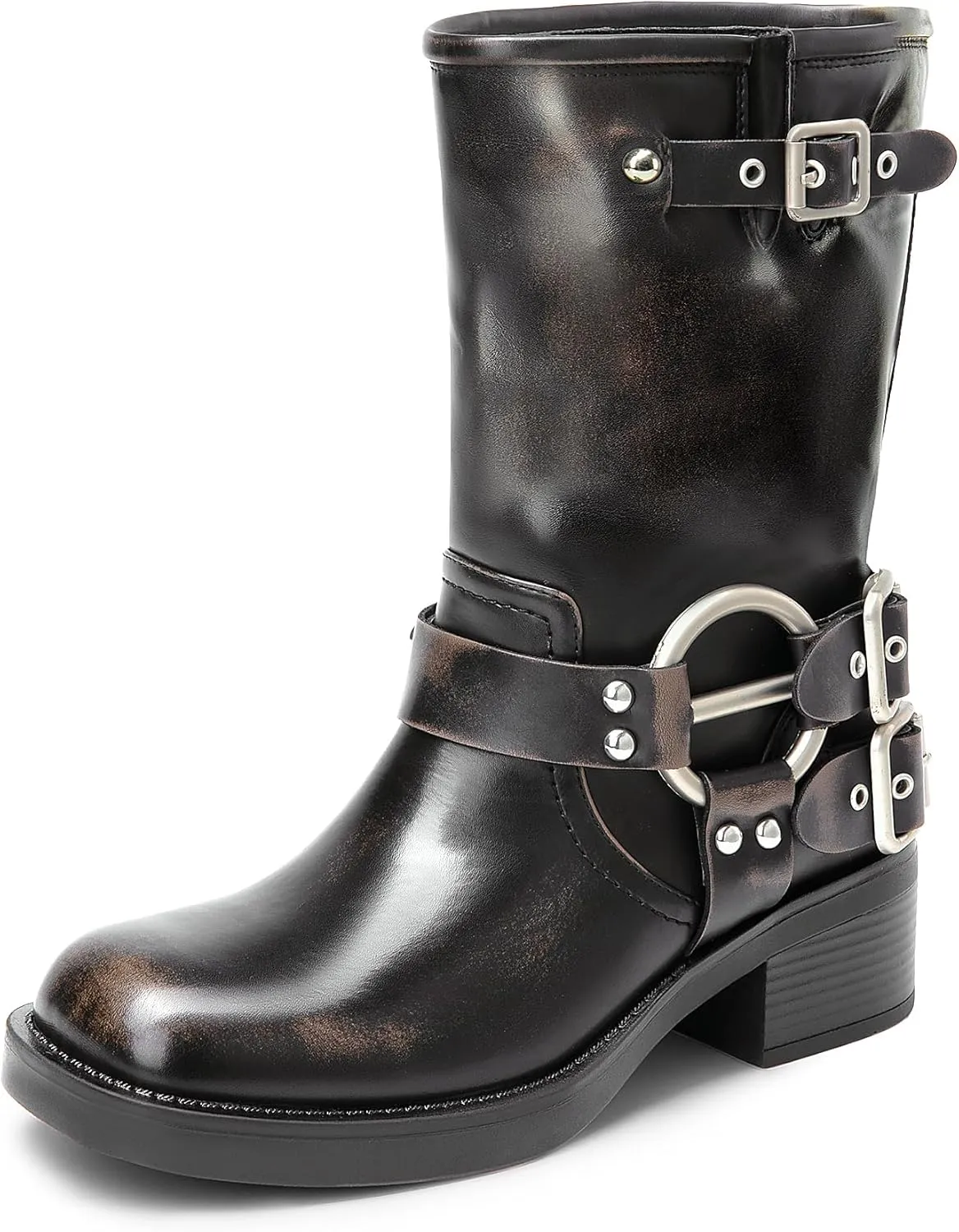 DREAM PAIRS Mid Calf Boots for Women, Square Toe Motorcycle Boots with Buckles, Women's Riding Biker Boots with Low Chunky Heel