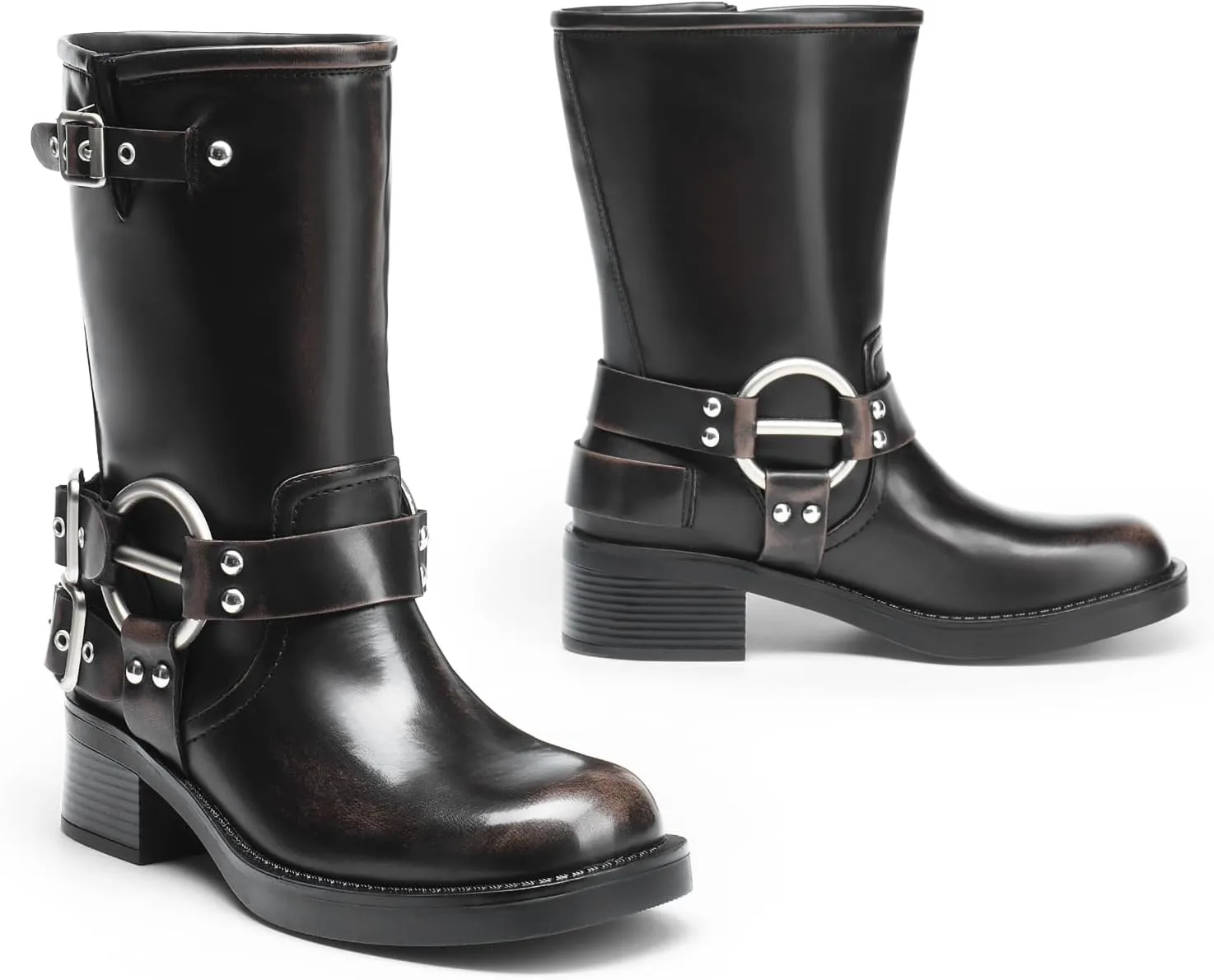 DREAM PAIRS Mid Calf Boots for Women, Square Toe Motorcycle Boots with Buckles, Women's Riding Biker Boots with Low Chunky Heel